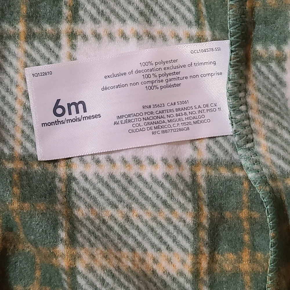 Carters Plaid Green/White Kids 1 Piece Reindeer Footie NWT 6 Months 2 Way Zipper